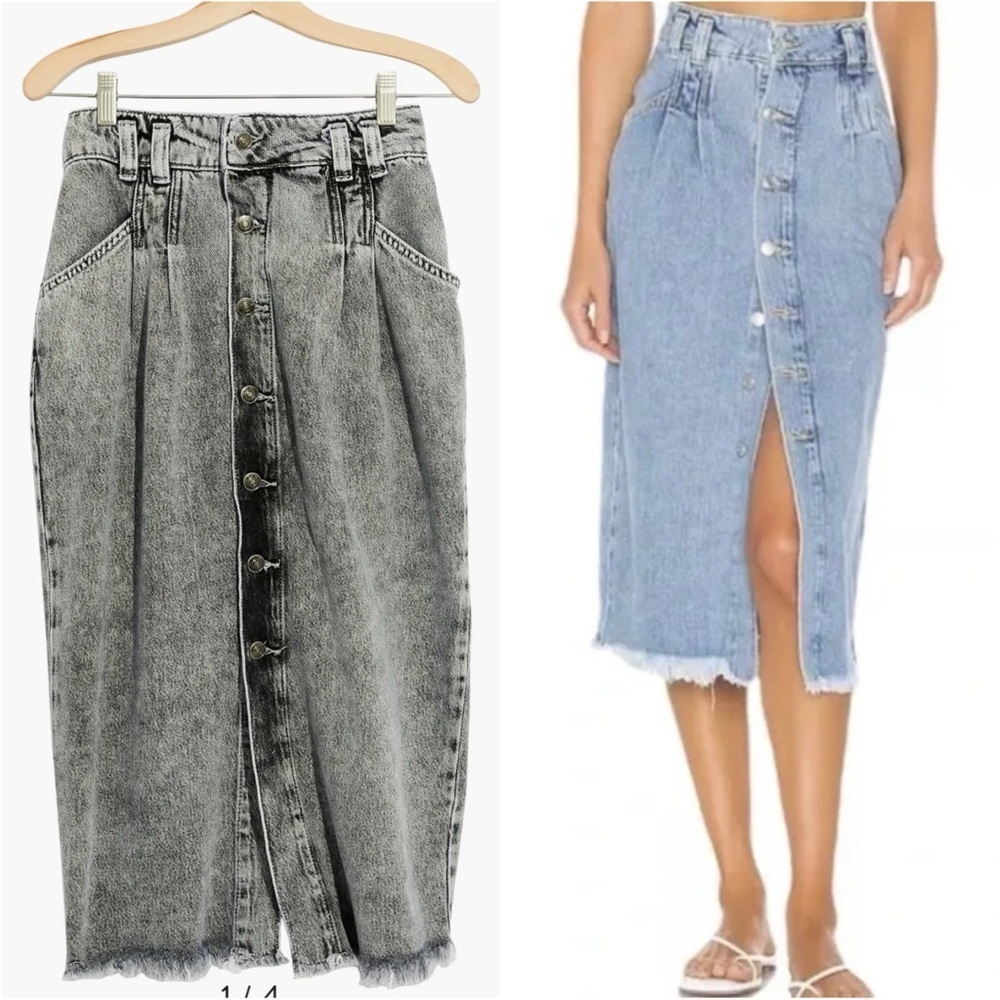 Free People We The Free Skirt Sidney Denim Midi Button Front Black Acid Wash 28